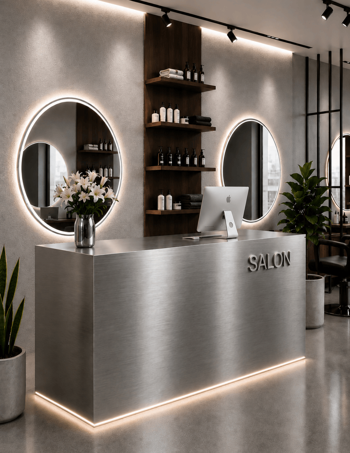 EDGE — Minimalist Aluminum Reception Counter for Barbershops, Hair Salons & Beauty Studios | Reception Desk & Reception Counter with LED Lighting & Logo Lettering