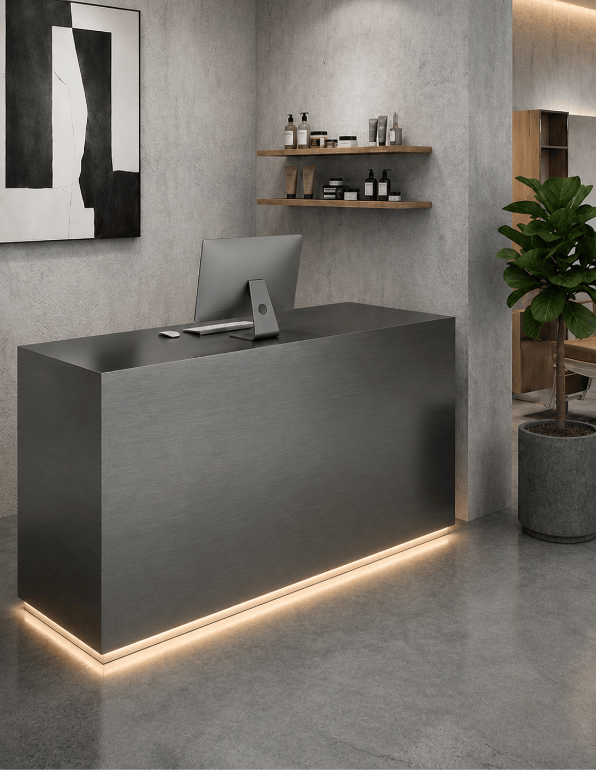 EDGE — Minimalist Aluminum Reception Counter for Barbershops, Hair Salons & Beauty Studios | Reception Desk & Reception Counter with LED Lighting & Logo Lettering