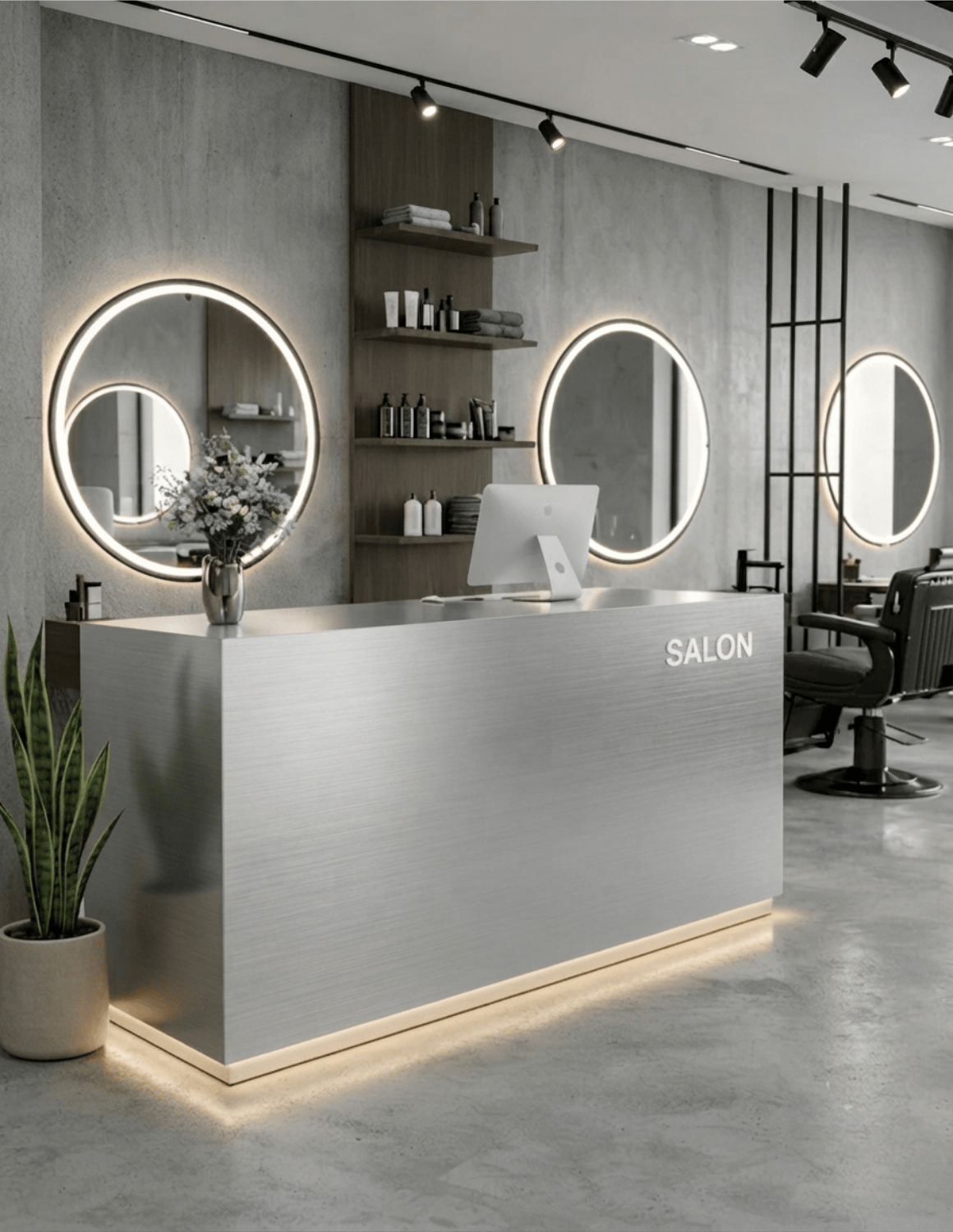 EDGE — Minimalist Aluminum Reception Counter for Barbershops, Hair Salons & Beauty Studios | Reception Desk & Reception Counter with LED Lighting & Logo Lettering