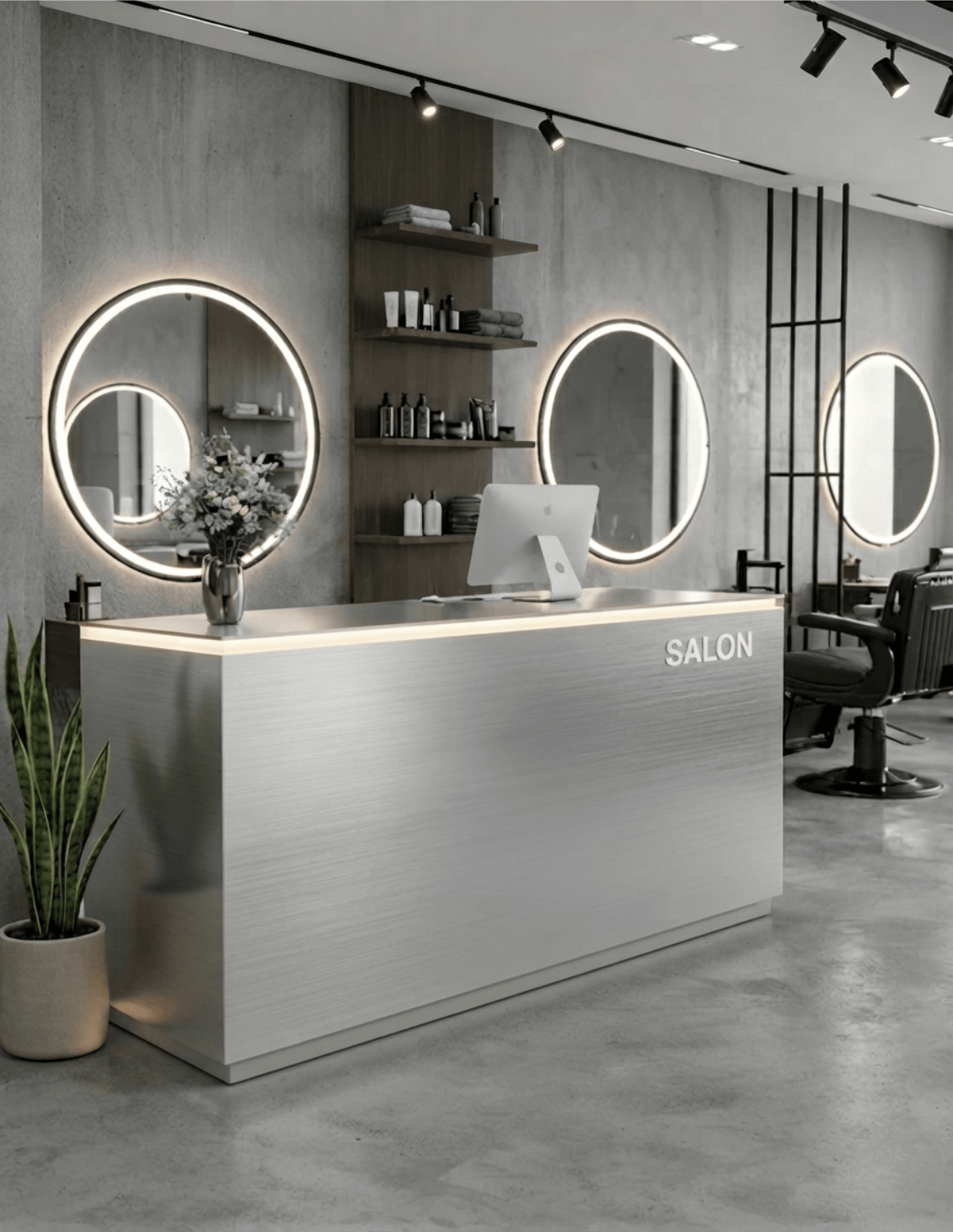 EDGE — Minimalist Aluminum Reception Counter for Barbershops, Hair Salons & Beauty Studios | Reception Desk & Reception Counter with LED Lighting & Logo Lettering