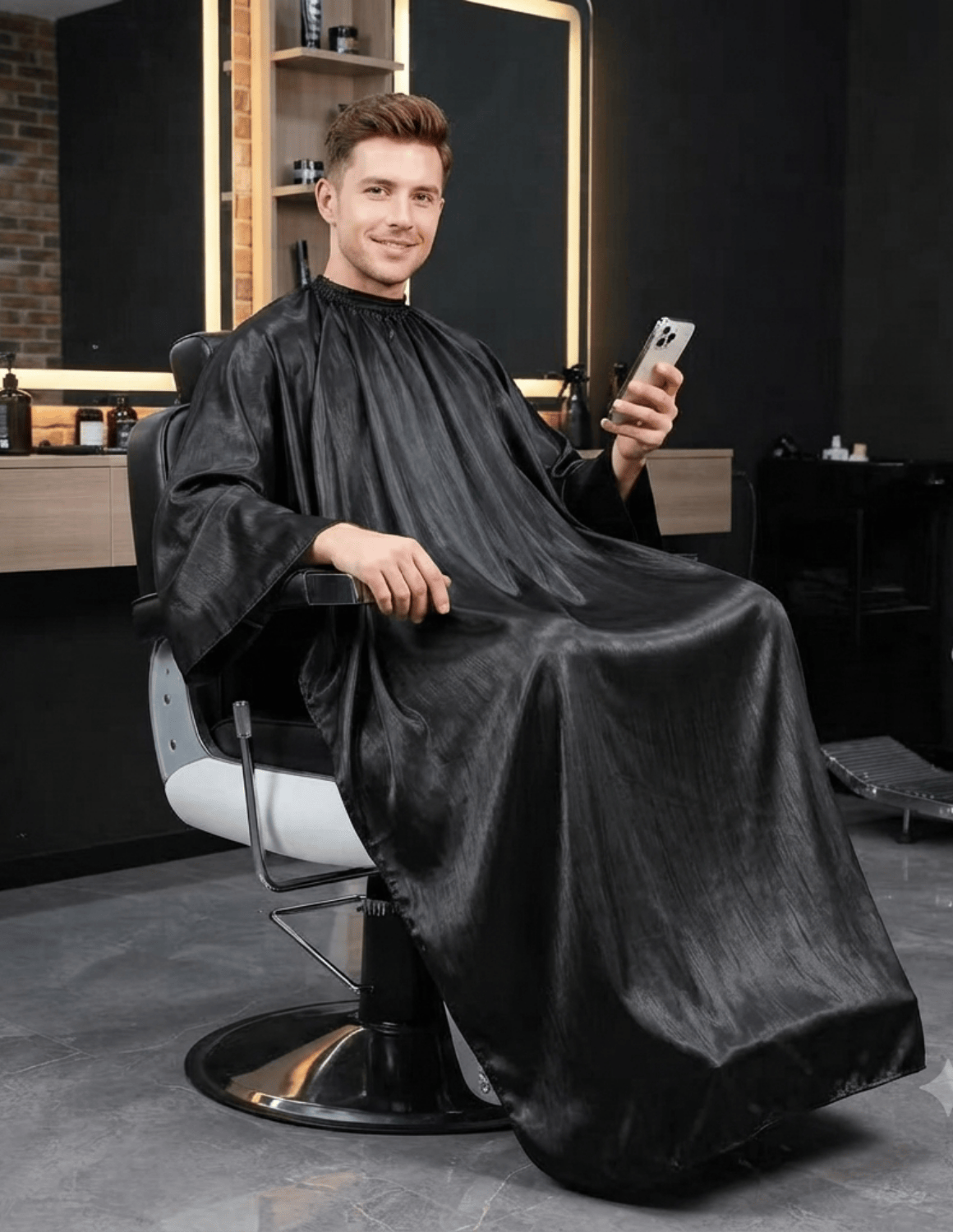Premium satinbarberkappa med kimono-armöppningar och sidenlook – Utan logotyp | Frisörkappa & satinkappa