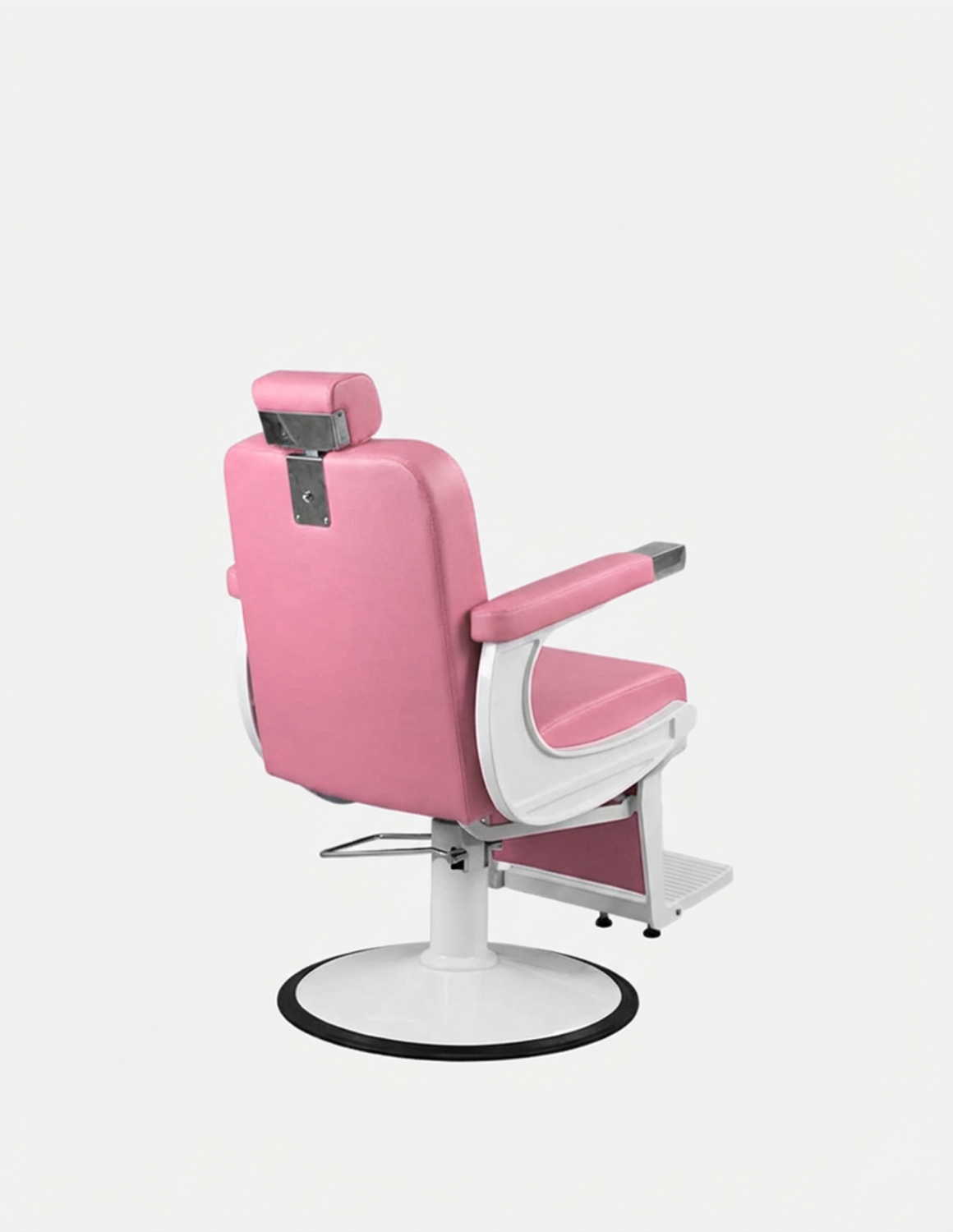 New School Barberstuhl in Pink mit weißem Rahmen – moderner Friseur- und Barberstuhl mit auffälligem Design und hohem Sitzkomfort für Barbershops und Salons.