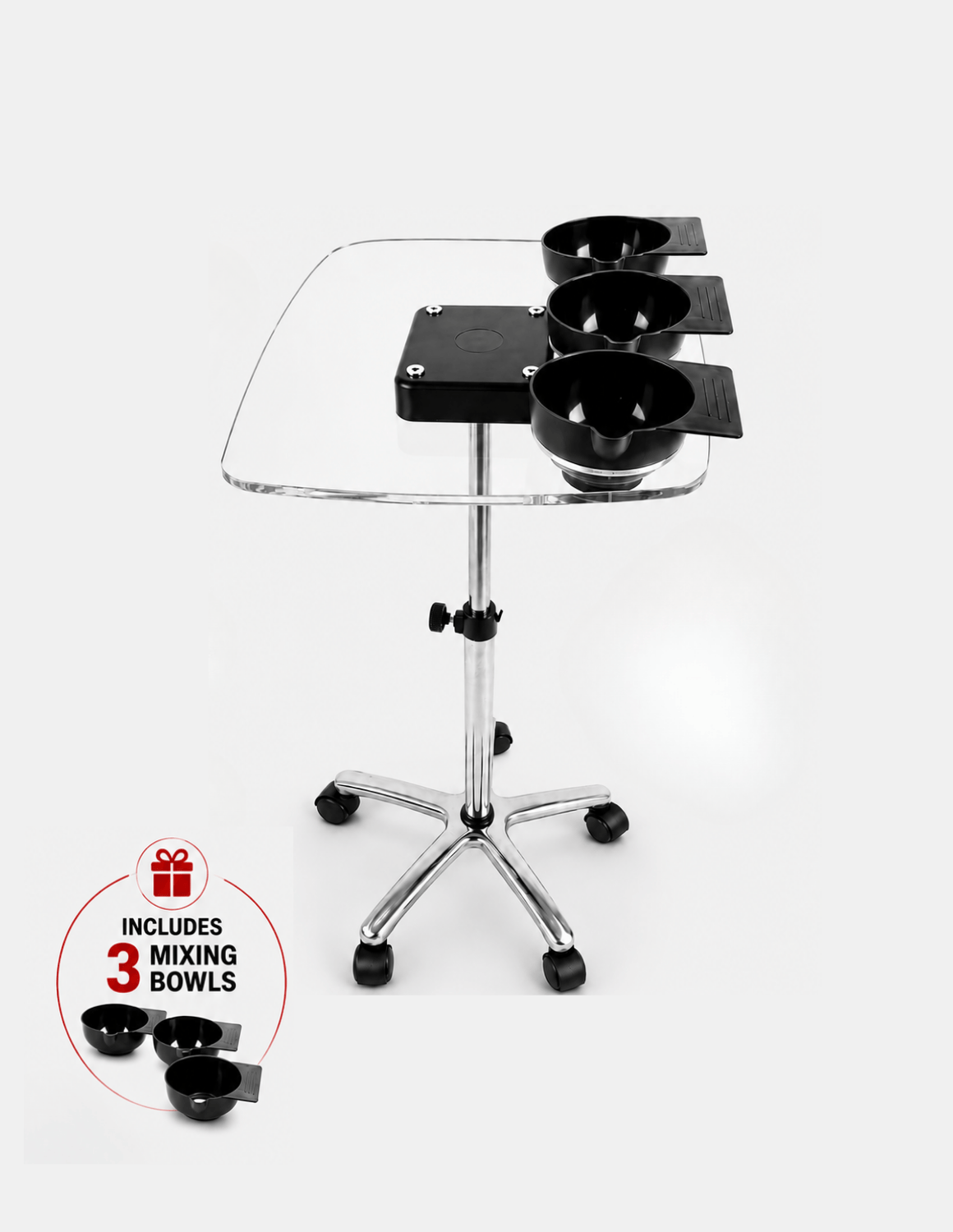 Chariot à plateau transparent pour barbiers et coiffeurs – réglable en hauteur avec bols de mélange et base en aluminium