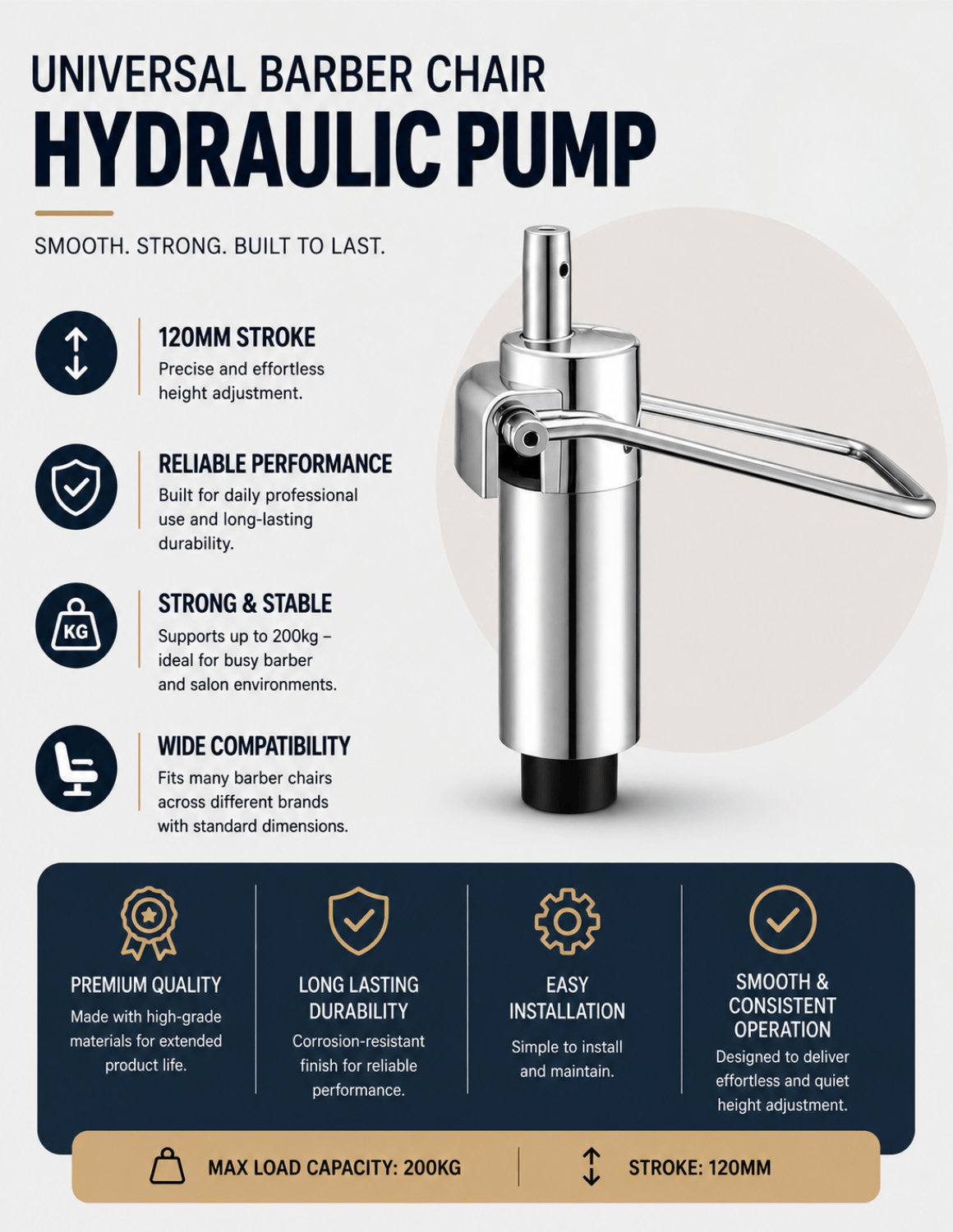 Hydraulikpumpe für Barberstühle & Friseurstühle | Universal Ersatz-Hydraulikzylinder mit 120 mm Hub