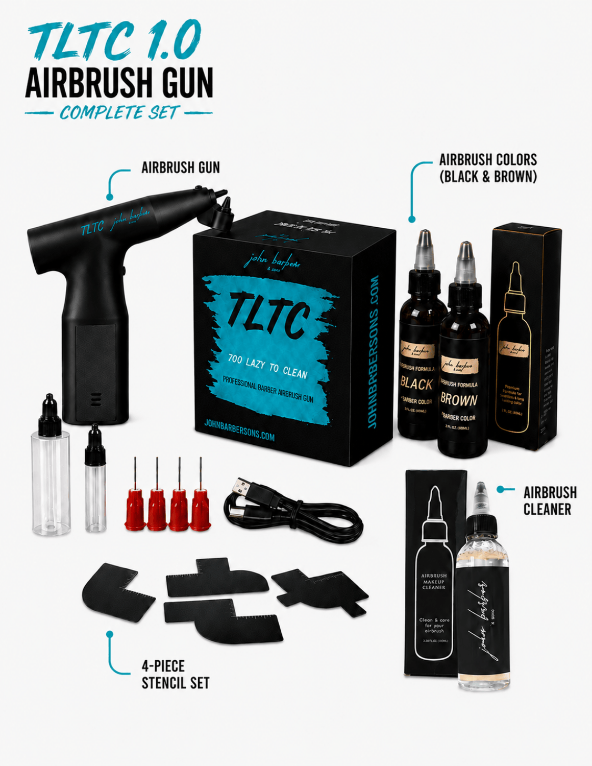 TLTC 1.0 – Barber Airbrush Gun Complete Set – with Stencils, Airbrush Cleaner, and Airbrush Colors in Black and Brown