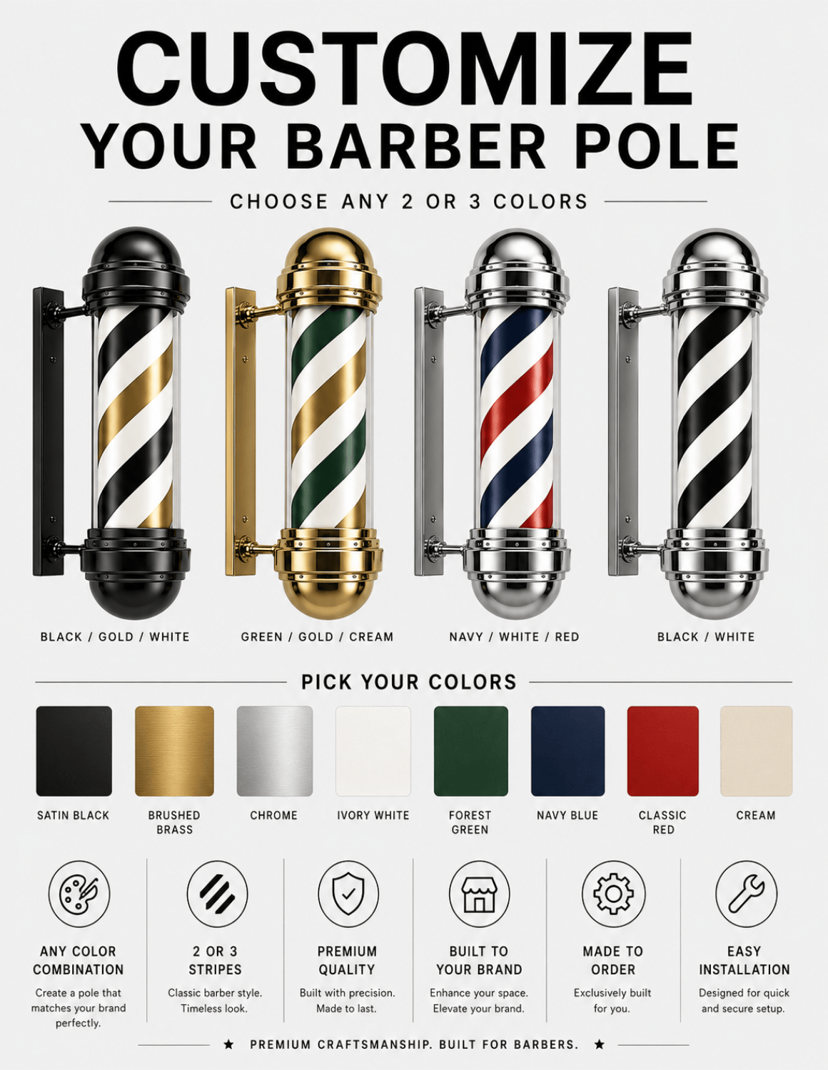 Kişiselleştirilebilir Döner Berber Direği (Barber Pole) – Profesyonel Berber Dükkânı Tabelası**