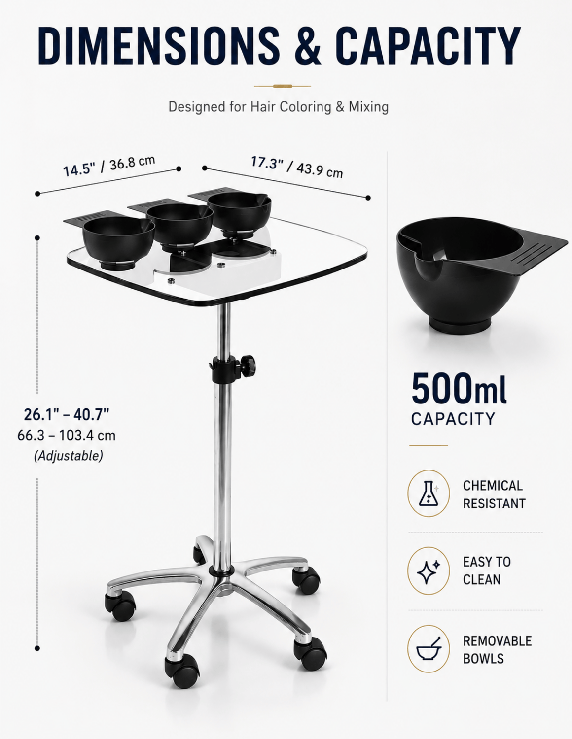 Transparent Tray Trolley for Barbers & Hairdressers – Height Adjustable with Mixing Bowls and Aluminum Base