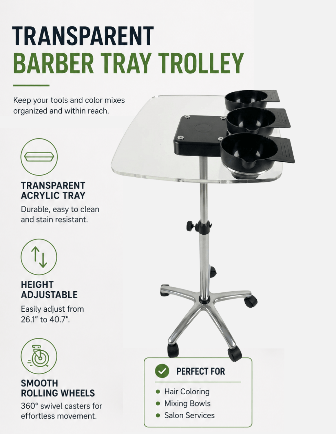 Transparent Tray Trolley for Barbers & Hairdressers – Height Adjustable with Mixing Bowls and Aluminum Base