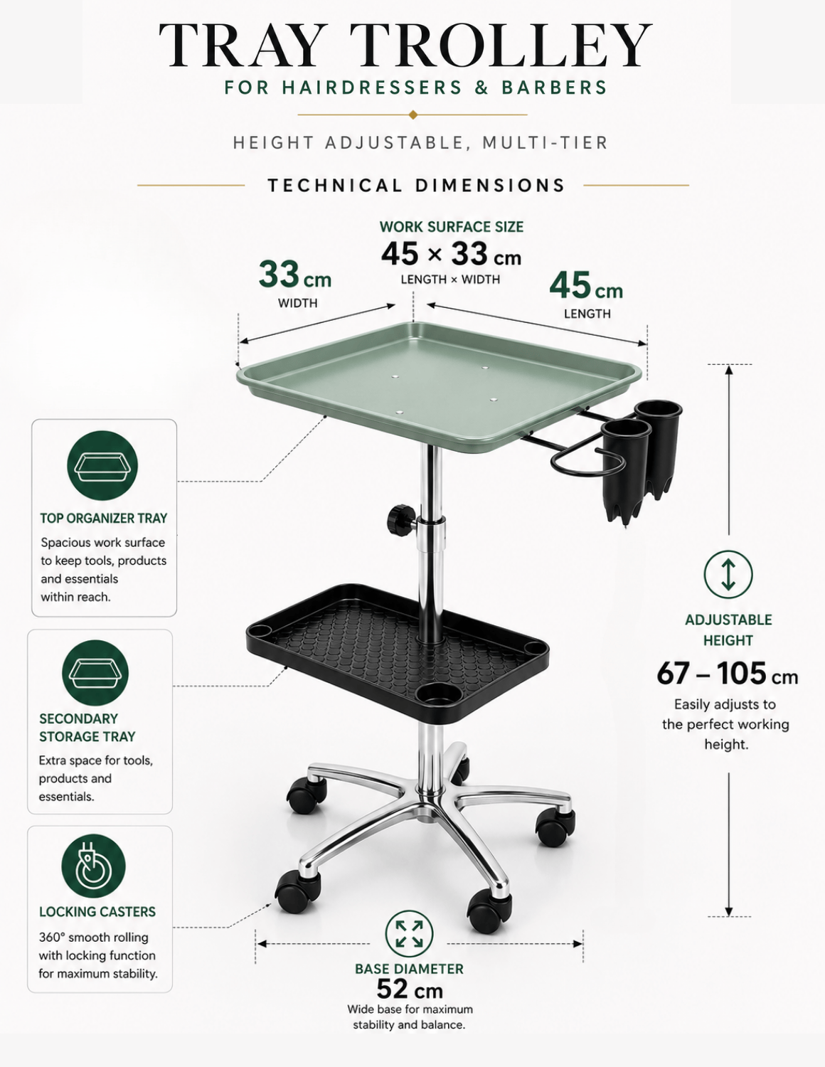 Salon & Barber Tray Trolley with One or Two Tiers, Height Adjustable 67–105 cm