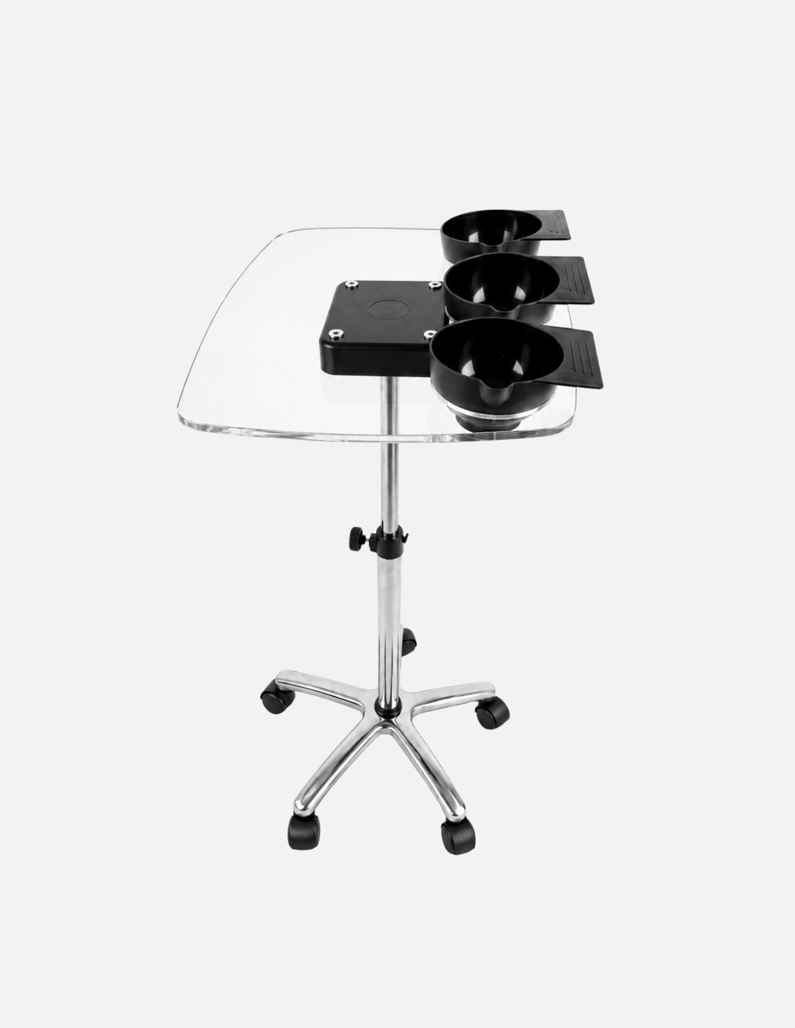 Chariot à plateau transparent pour barbiers et coiffeurs – réglable en hauteur avec bols de mélange et base en aluminium
