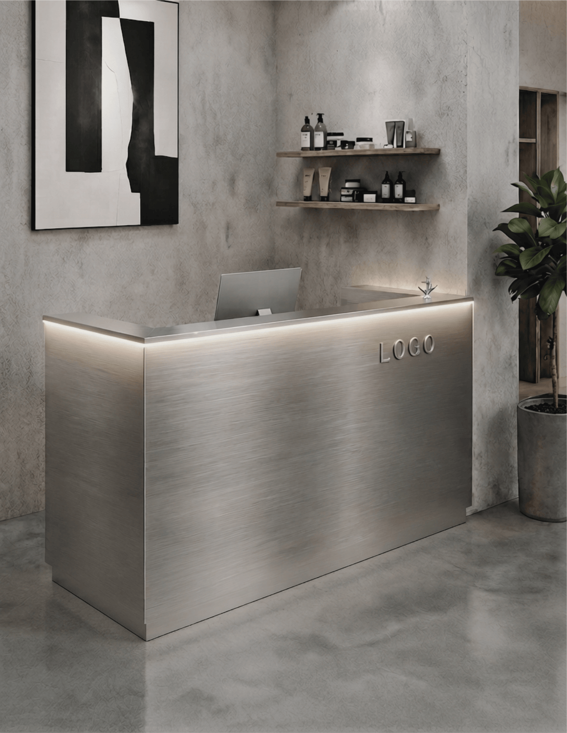 EDGE — Minimalist Aluminum Reception Counter for Barbershops, Hair Salons & Beauty Studios | Reception Desk & Reception Counter with LED Lighting & Logo Lettering