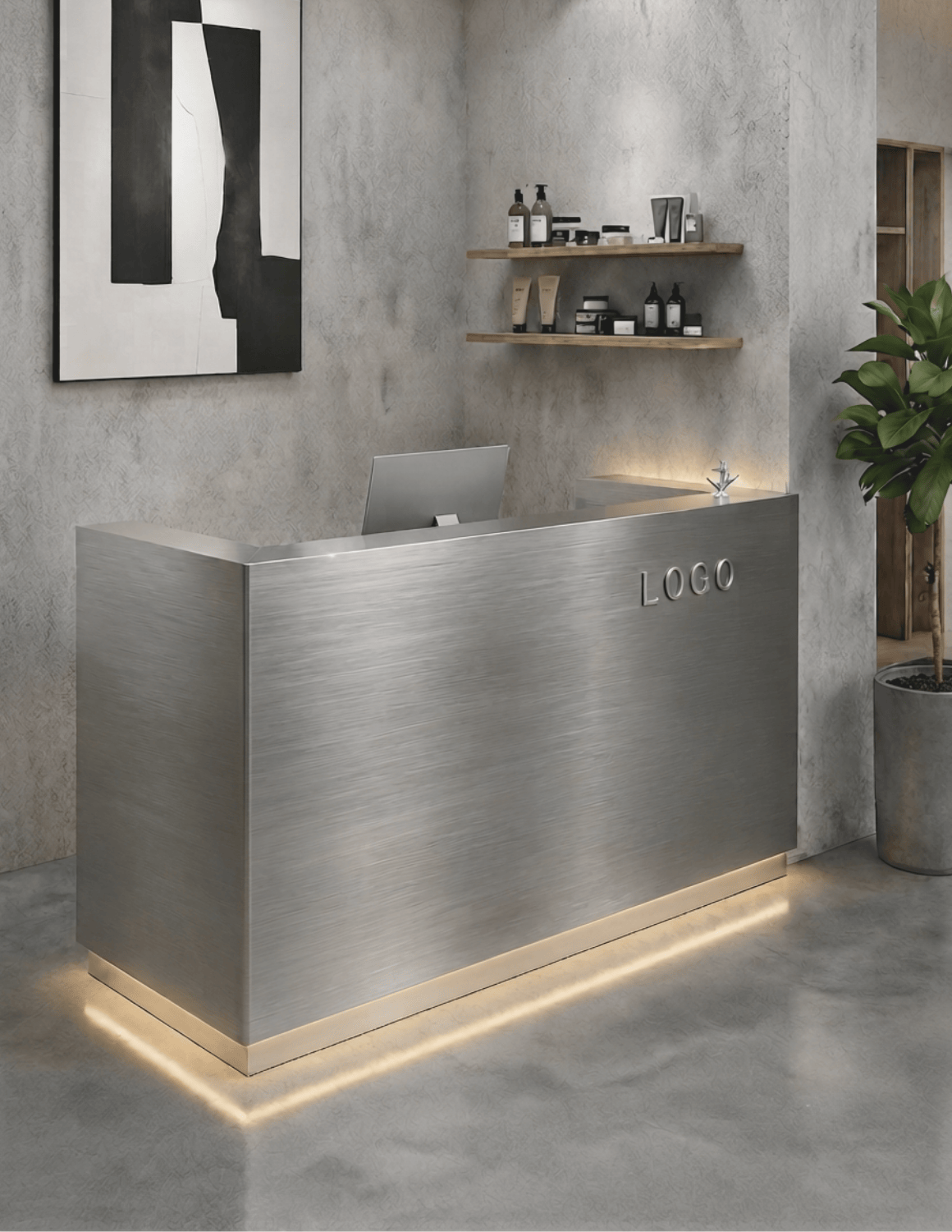 EDGE — Minimalist Aluminum Reception Counter for Barbershops, Hair Salons & Beauty Studios | Reception Desk & Reception Counter with LED Lighting & Logo Lettering