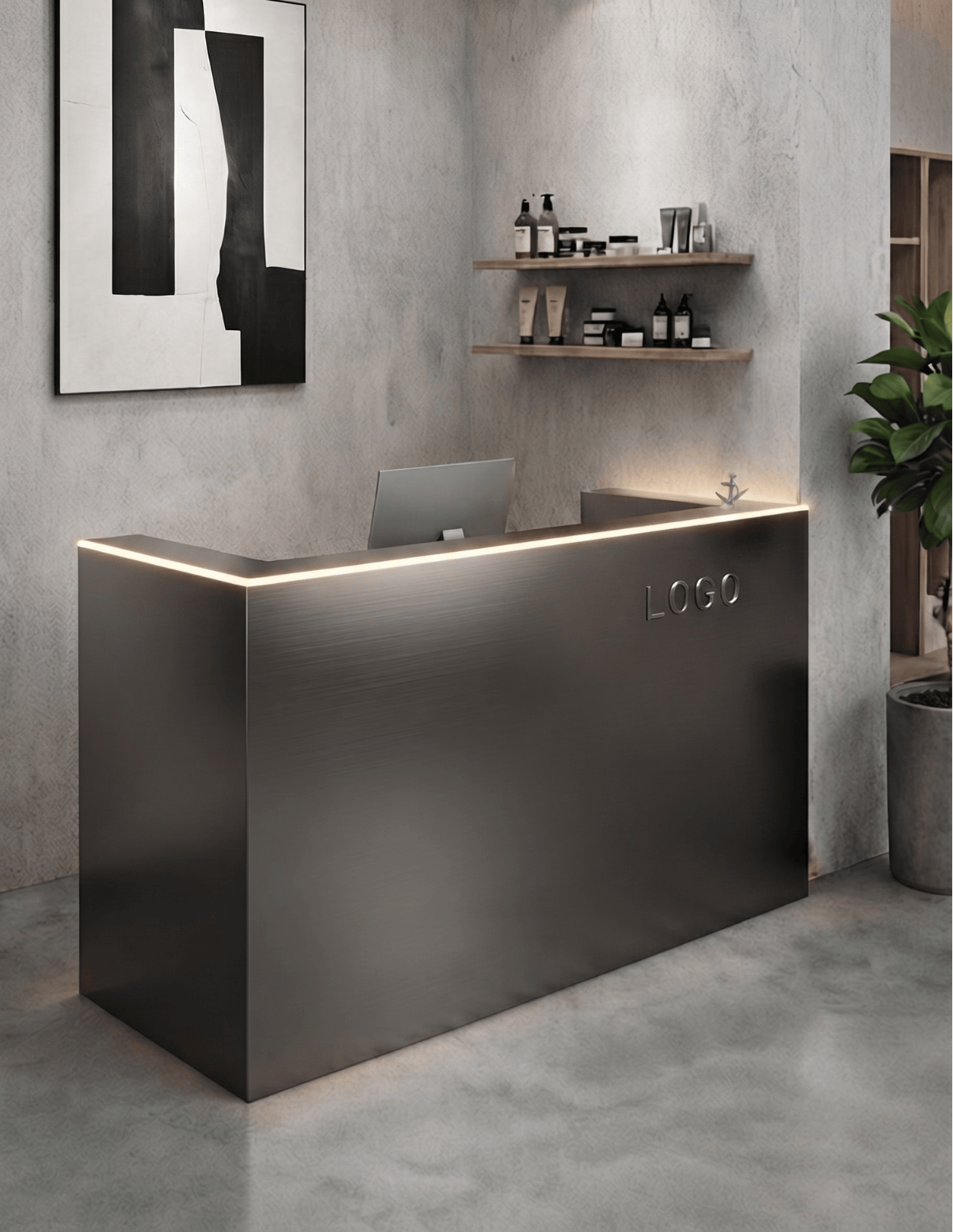 EDGE — Minimalist Aluminum Reception Counter for Barbershops, Hair Salons & Beauty Studios | Reception Desk & Reception Counter with LED Lighting & Logo Lettering