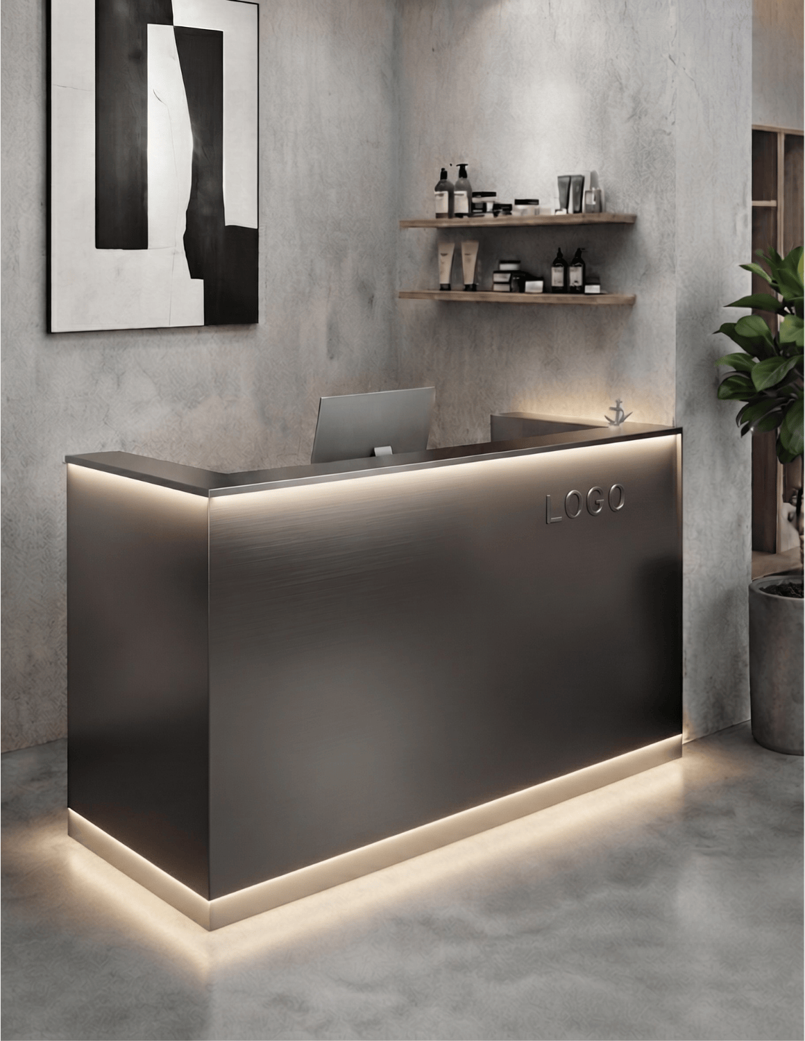 EDGE — Minimalist Aluminum Reception Counter for Barbershops, Hair Salons & Beauty Studios | Reception Desk & Reception Counter with LED Lighting & Logo Lettering