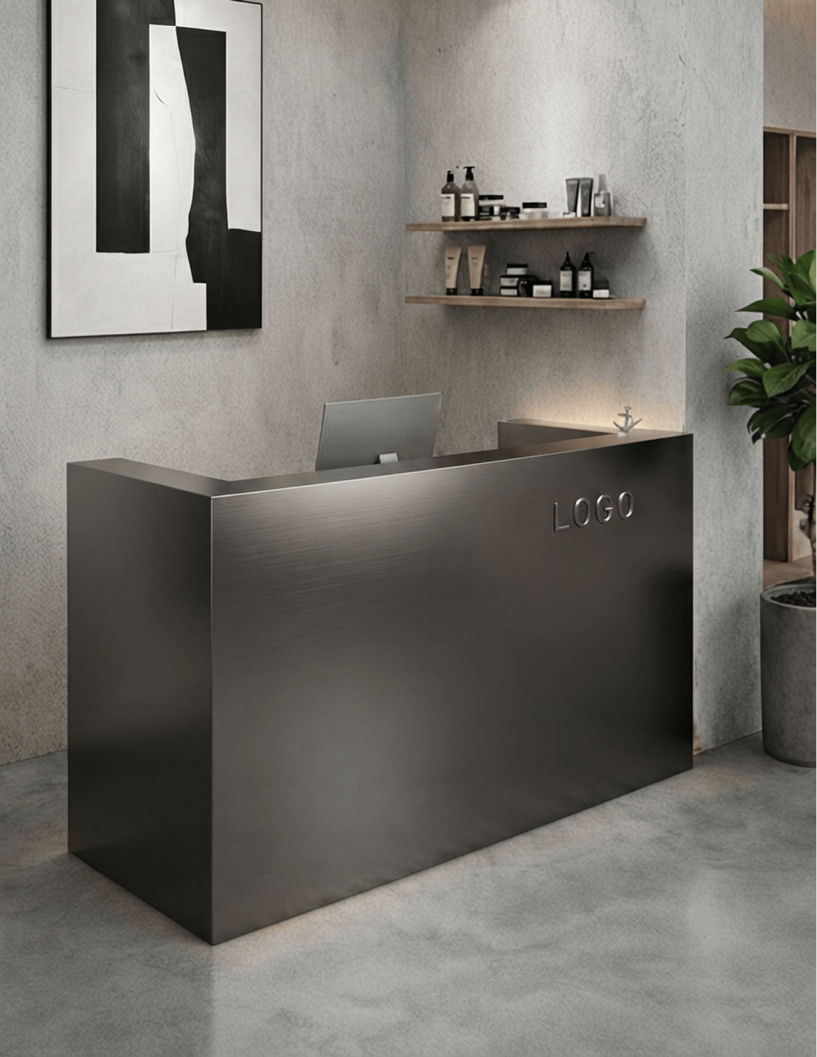 EDGE — Minimalist Aluminum Reception Counter for Barbershops, Hair Salons & Beauty Studios | Reception Desk & Reception Counter with LED Lighting & Logo Lettering