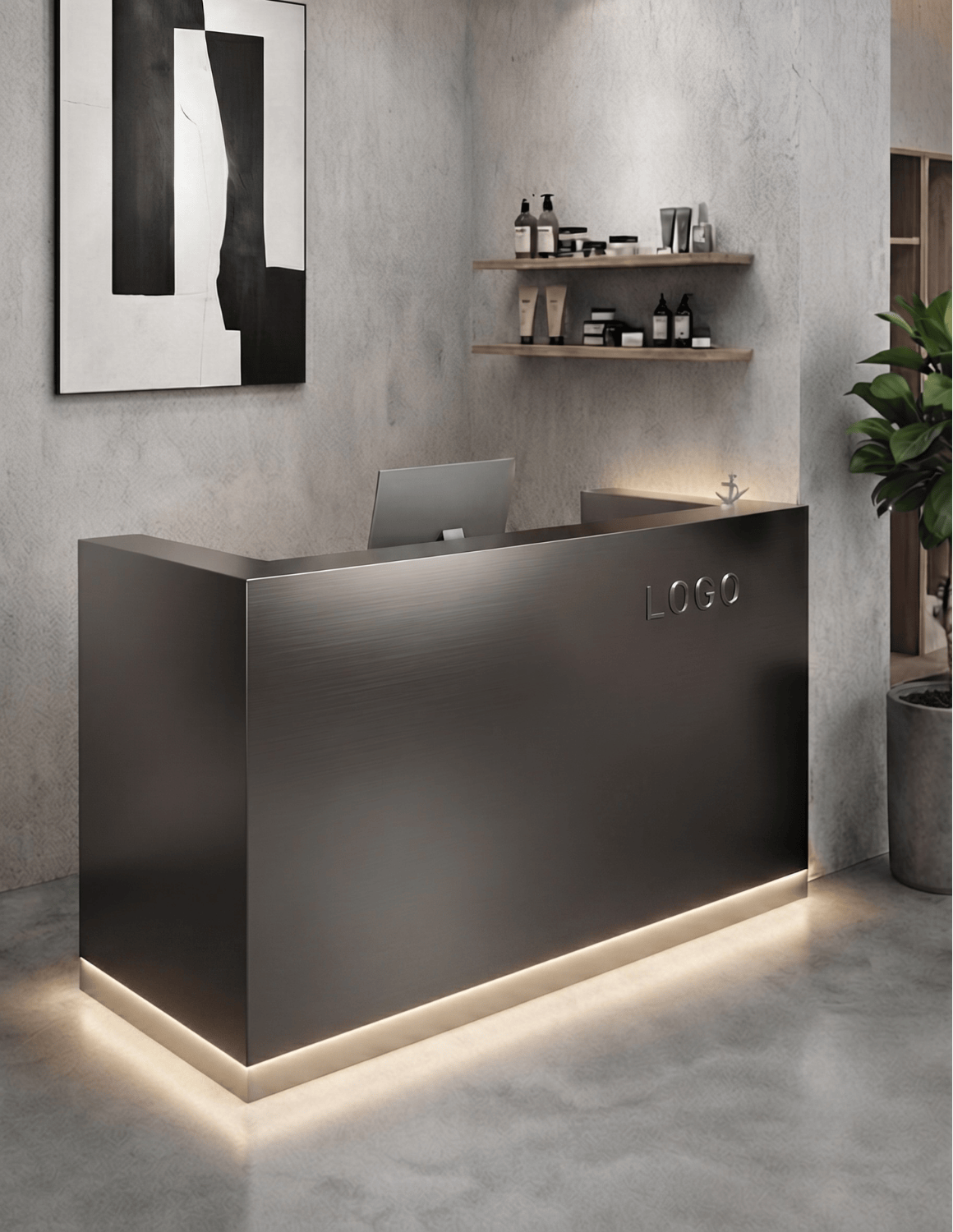 EDGE — Minimalist Aluminum Reception Counter for Barbershops, Hair Salons & Beauty Studios | Reception Desk & Reception Counter with LED Lighting & Logo Lettering