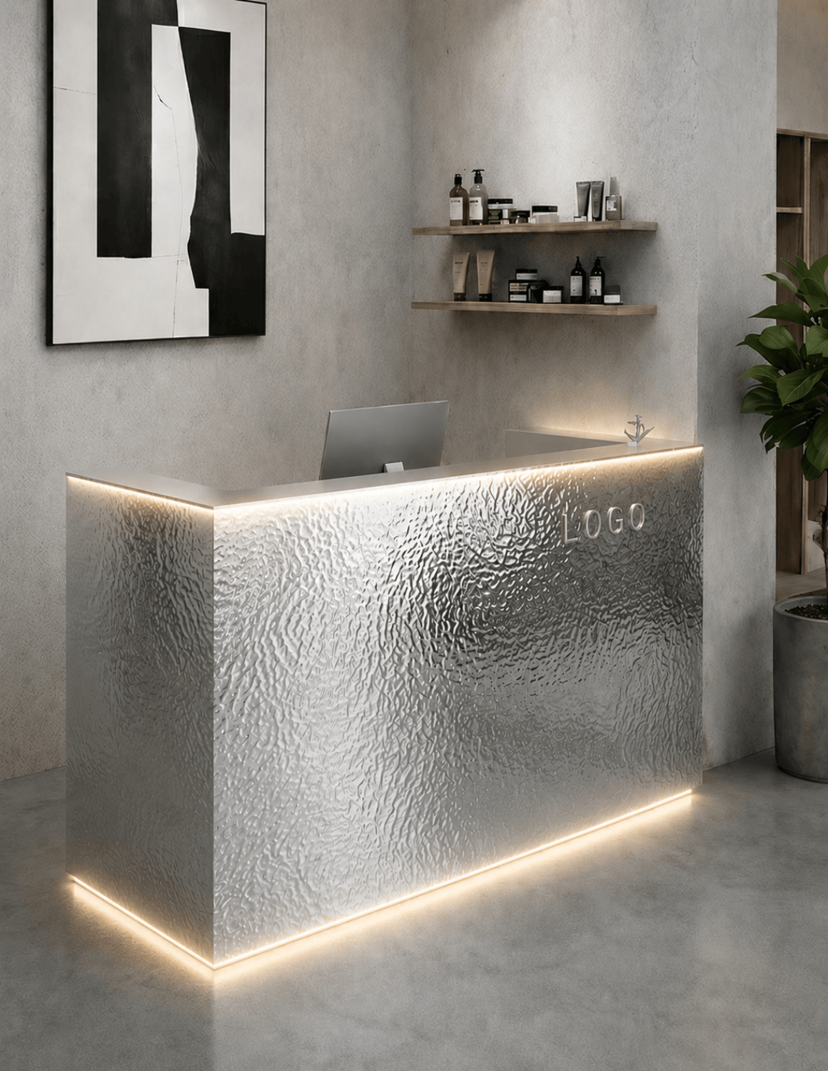 EDGE — Minimalist Aluminum Reception Counter for Barbershops, Hair Salons & Beauty Studios | Reception Desk & Reception Counter with LED Lighting & Logo Lettering