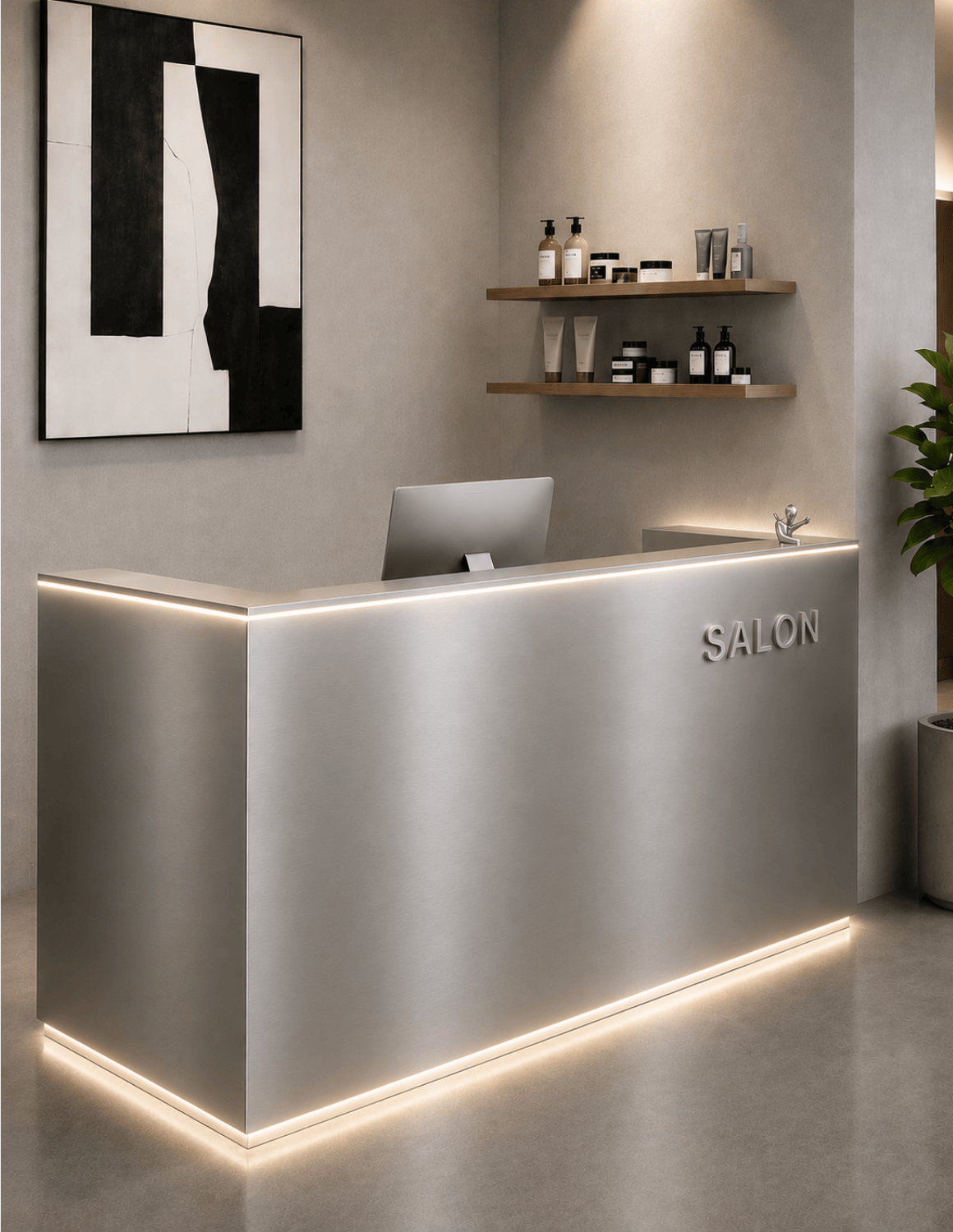 EDGE — Minimalist Aluminum Reception Counter for Barbershops, Hair Salons & Beauty Studios | Reception Desk & Reception Counter with LED Lighting & Logo Lettering