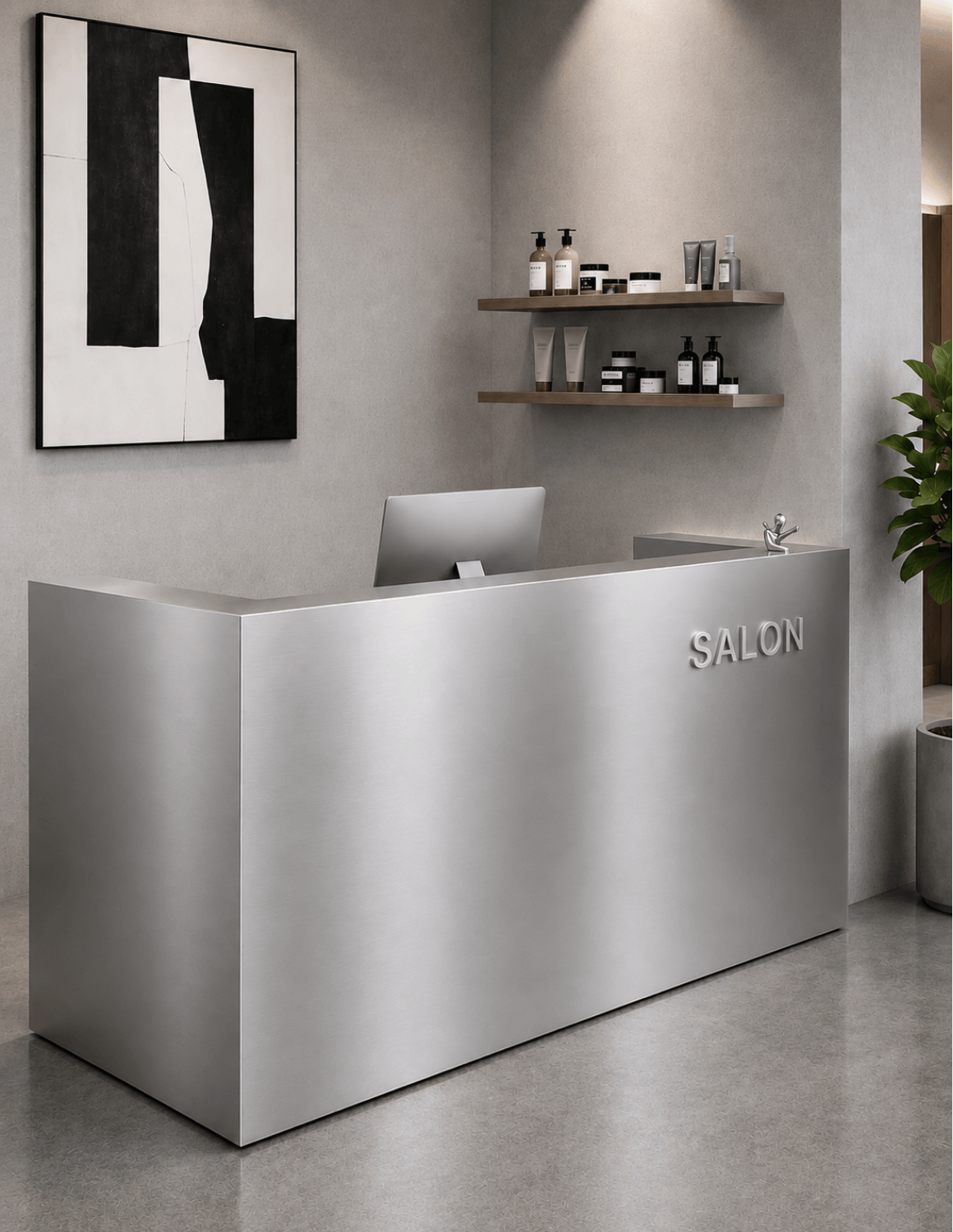 EDGE — Minimalist Aluminum Reception Counter for Barbershops, Hair Salons & Beauty Studios | Reception Desk & Reception Counter with LED Lighting & Logo Lettering
