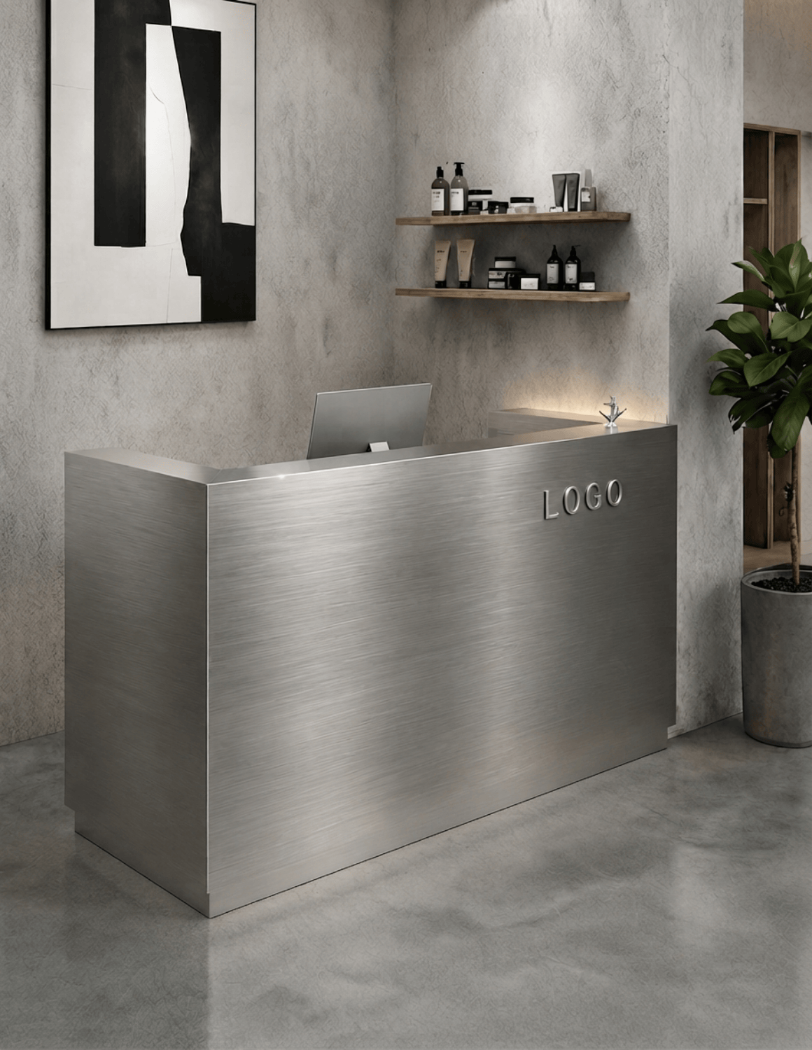 EDGE — Minimalist Aluminum Reception Counter for Barbershops, Hair Salons & Beauty Studios | Reception Desk & Reception Counter with LED Lighting & Logo Lettering