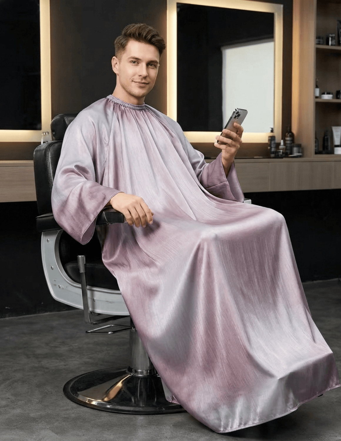 Premium satinbarberkappa med kimono-armöppningar och sidenlook – Utan logotyp | Frisörkappa & satinkappa