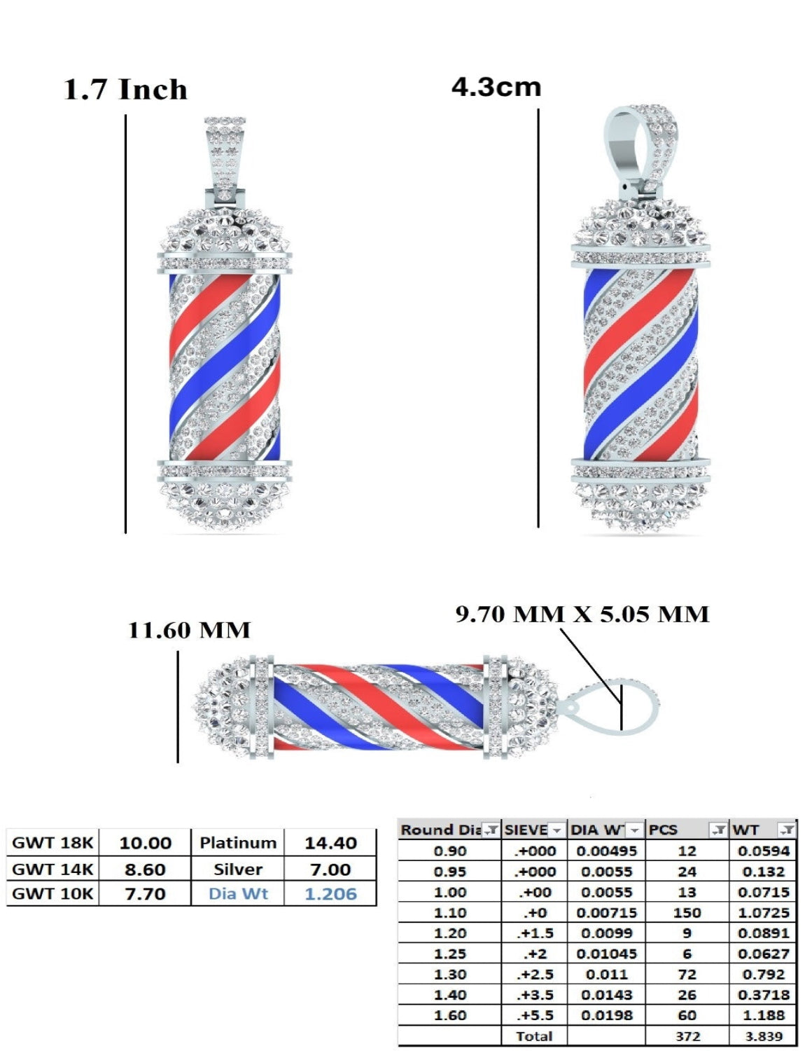 Barber Pole Kettenanhänger 925 Silber Gold oder Platin mit Diamanten oder Moissanite