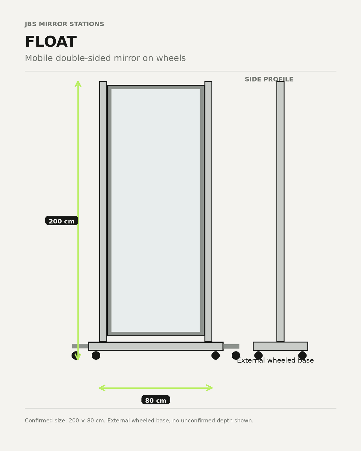 JBS Float Maßgrafik – 200 cm hoch und 80 cm breit; beidseitiger Spiegel auf Rollen