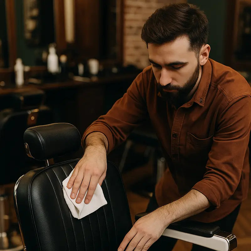 Mann wischt Barberstuhl ab 