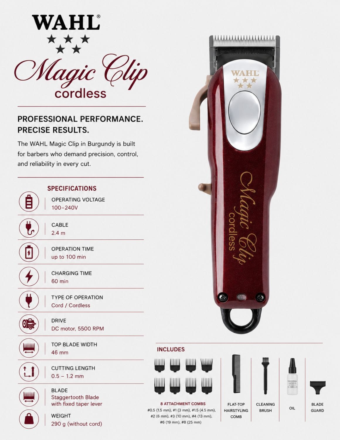 WAHL Professional Magic Clip Cordless Clipper BURGUNDY – tondeuse à cheveux professionnelle sans fil