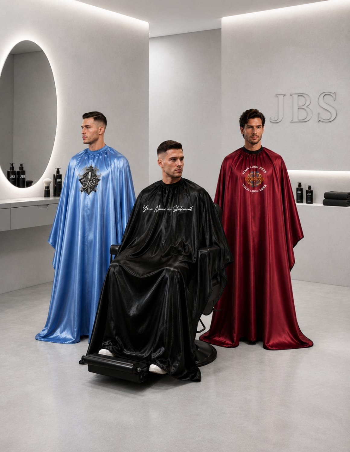 Premium satinbarberkappa med sidenlook – Broderad med din logotyp | Frisörkappa & satinkappa
