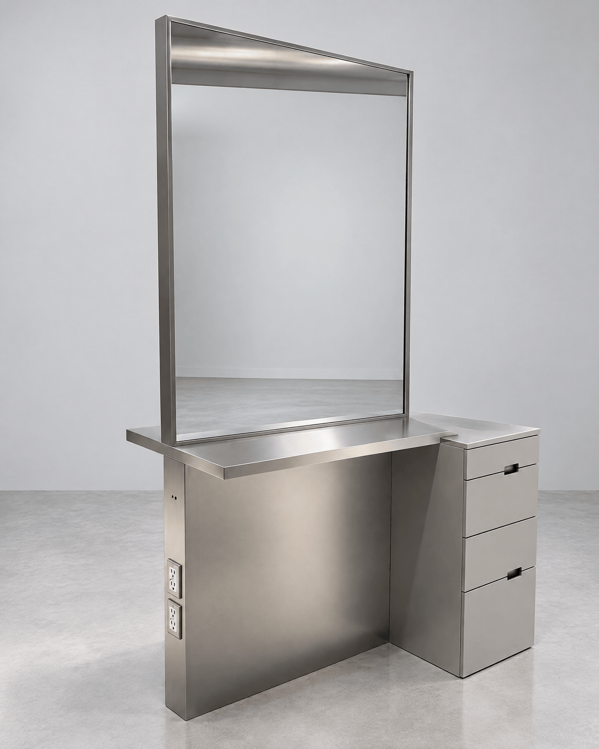 JBS Halo – unbeleuchtete Edelstahl-Spiegelstation mit optionalem farblich abgestimmtem MDF-Storage