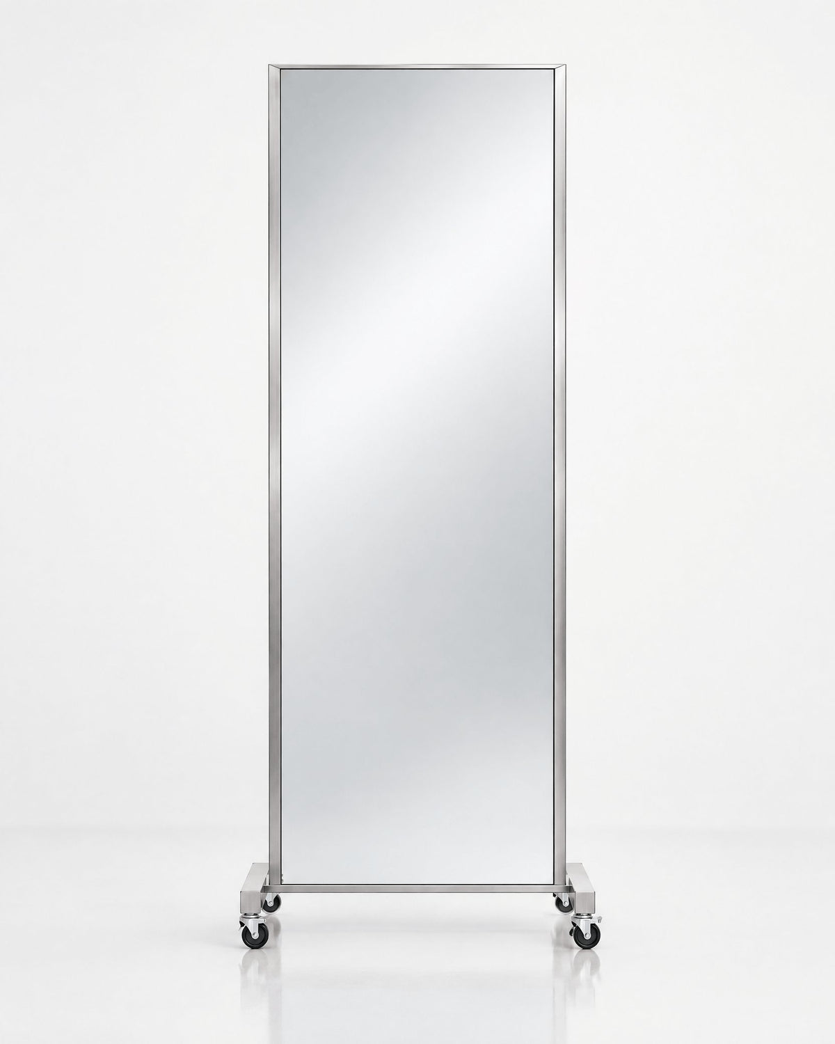 Front view of the JBS Float mobile salon mirror and wheeled steel base
