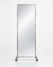 Front view of the JBS Float mobile salon mirror and wheeled steel base