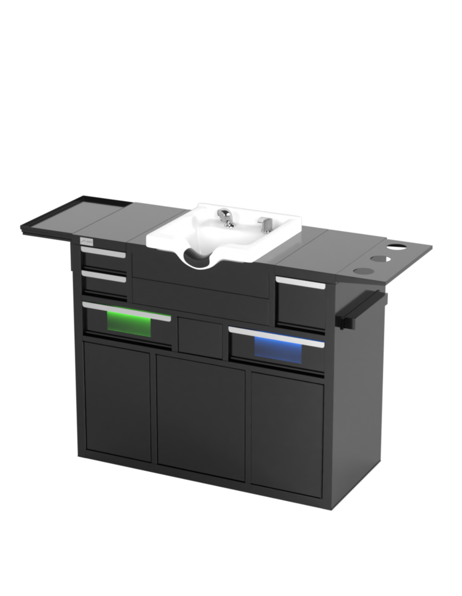 Berber Çalışma İstasyonu "Evolution" – Altı Renk Seçeneği ile Çalışma Alanı – UV Dezenfeksiyon – Lavabo – LED Işıklı Ayna