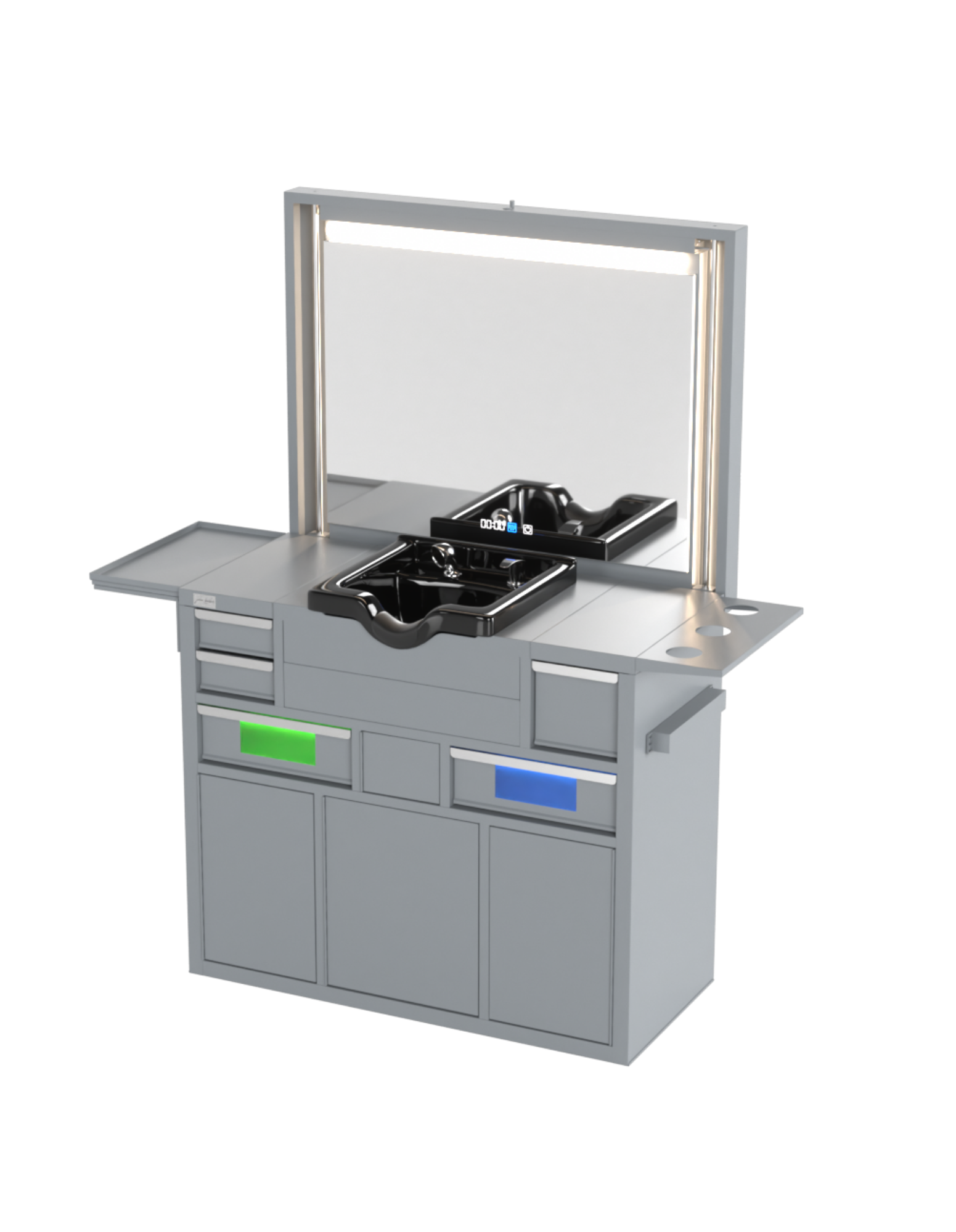 Berber Çalışma İstasyonu "Evolution" – Altı Renk Seçeneği ile Çalışma Alanı – UV Dezenfeksiyon – Lavabo – LED Işıklı Ayna