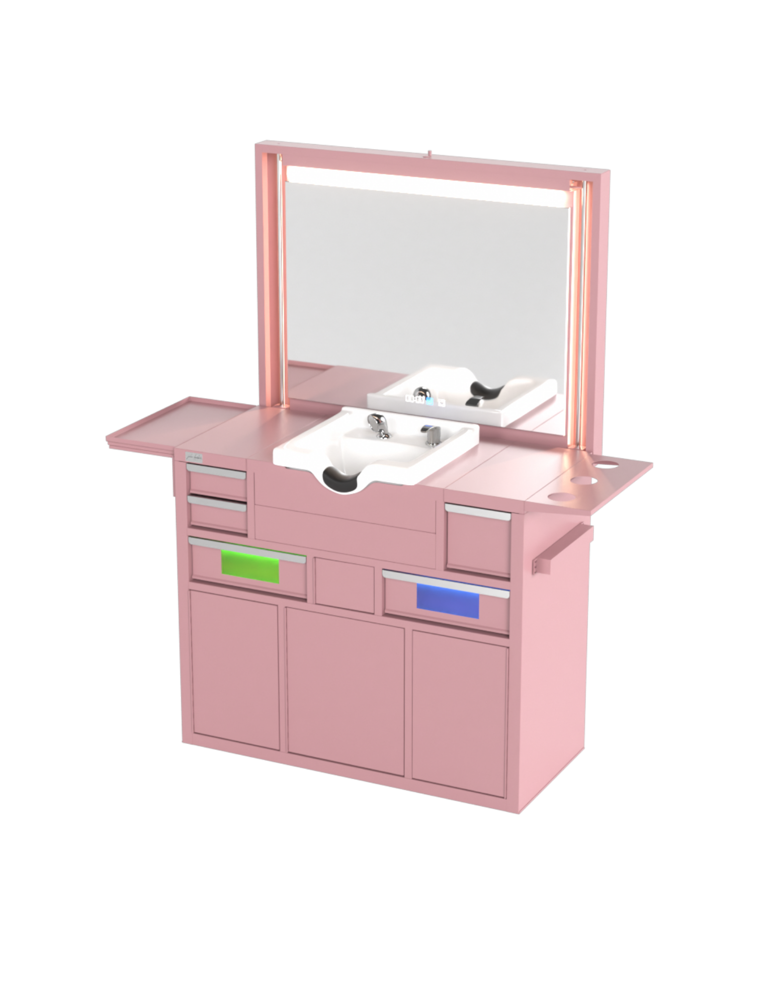 Berber Çalışma İstasyonu "Evolution" – Altı Renk Seçeneği ile Çalışma Alanı – UV Dezenfeksiyon – Lavabo – LED Işıklı Ayna