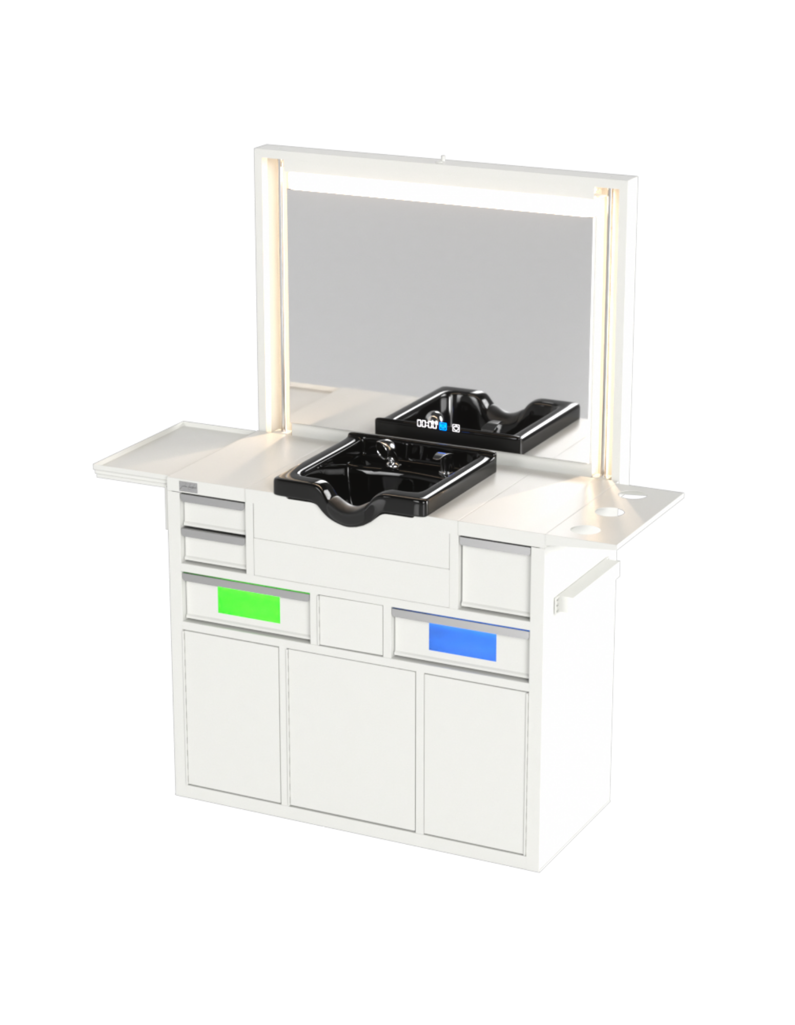 Berber Çalışma İstasyonu "Evolution" – Altı Renk Seçeneği ile Çalışma Alanı – UV Dezenfeksiyon – Lavabo – LED Işıklı Ayna