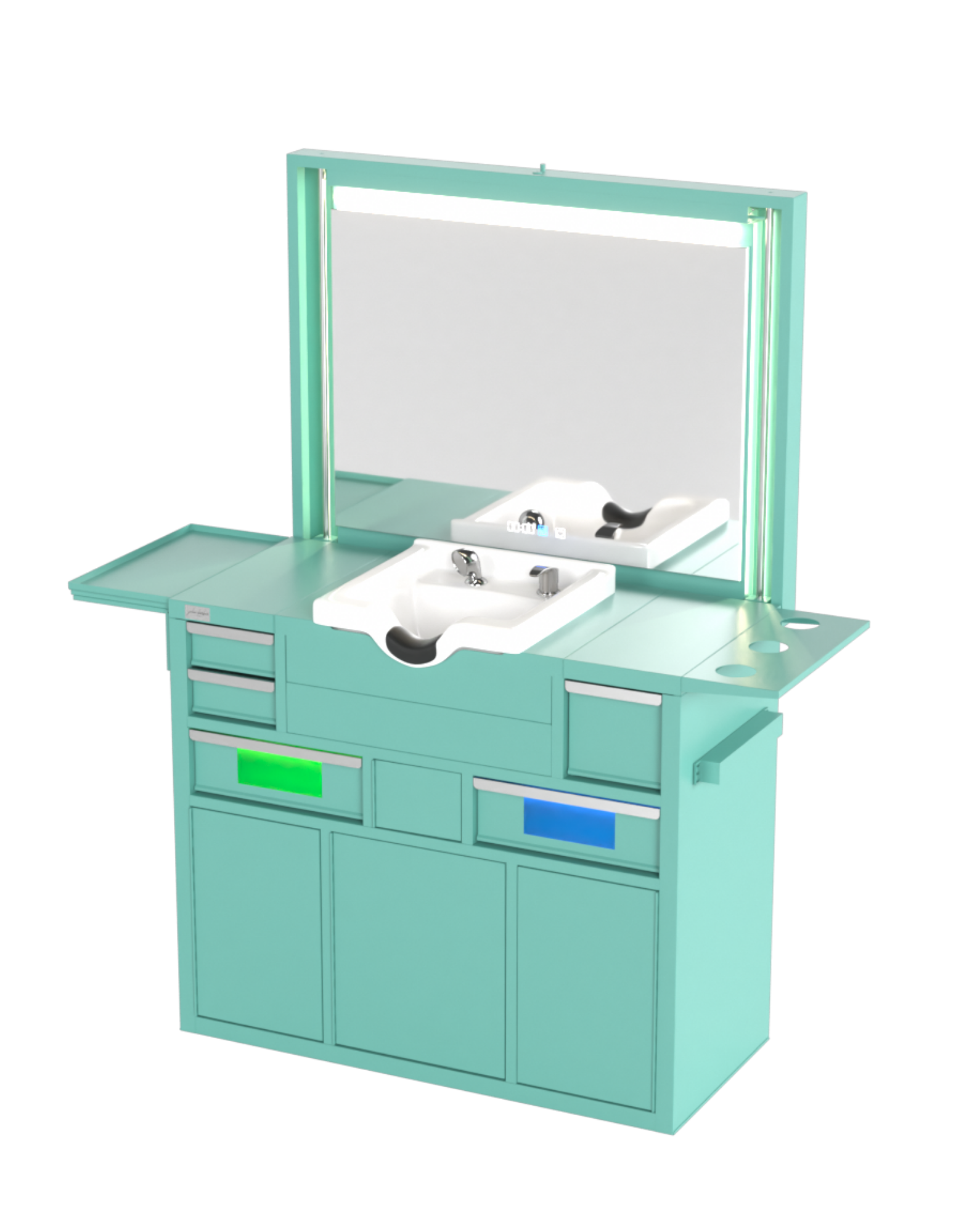 Berber Çalışma İstasyonu "Evolution" – Altı Renk Seçeneği ile Çalışma Alanı – UV Dezenfeksiyon – Lavabo – LED Işıklı Ayna